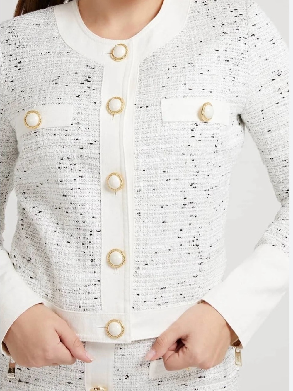 Guess White Tweed Jacket with Gold Accent Buttons